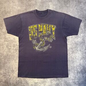 VTG 1989 US Navy Anchor Graphic T-Shirt Single Stitch Navy Blue Mens XL Faded